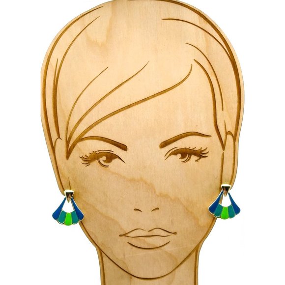 Chic Blue and Green Fan Earrings, Vintage Gold Tone with Retro Flair - Picture 4 of 5